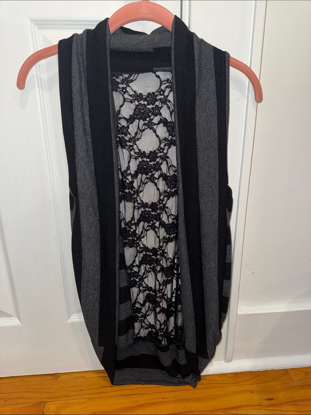 Pretty Good Black and Gray Striped Open-Front Cardigan with Lace Back